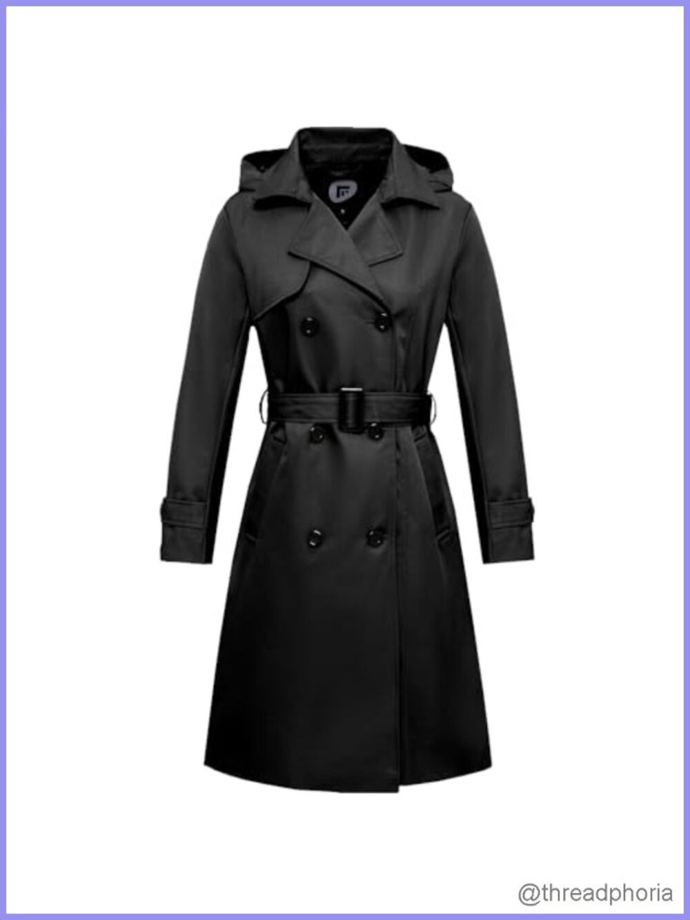 Women's Long Waterproof Trench Coat Double Breasted Belted Detachable Hood
